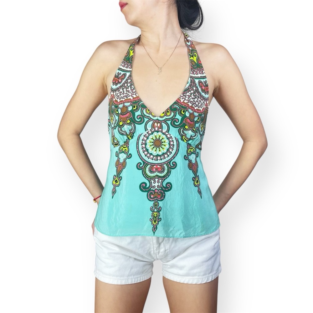 Vtg Nanette Lepore 100% Silk Beaded Boho Turquoise Y2K Halter Top Size 6